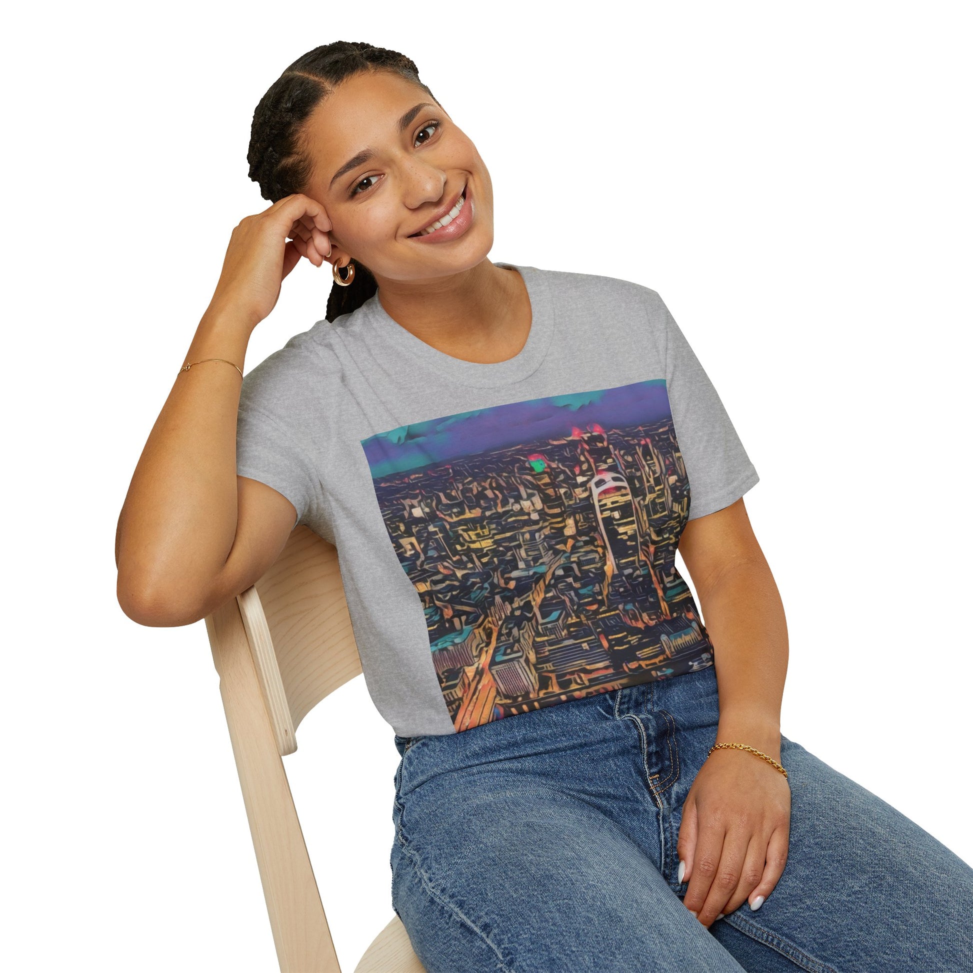 cityscape-art-unisex-softstyle-t-shirt-urban-photography-tee-streetwear-nightlife-fashion-gift-for-travelers-summer-outfit - front view