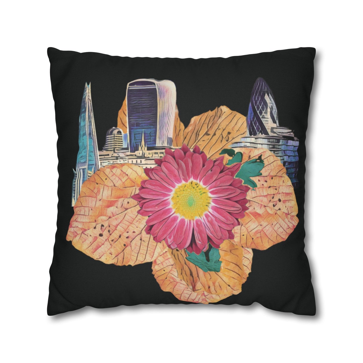 black-pillowcase-london-landmarks-autumn-floral-foliage - front view