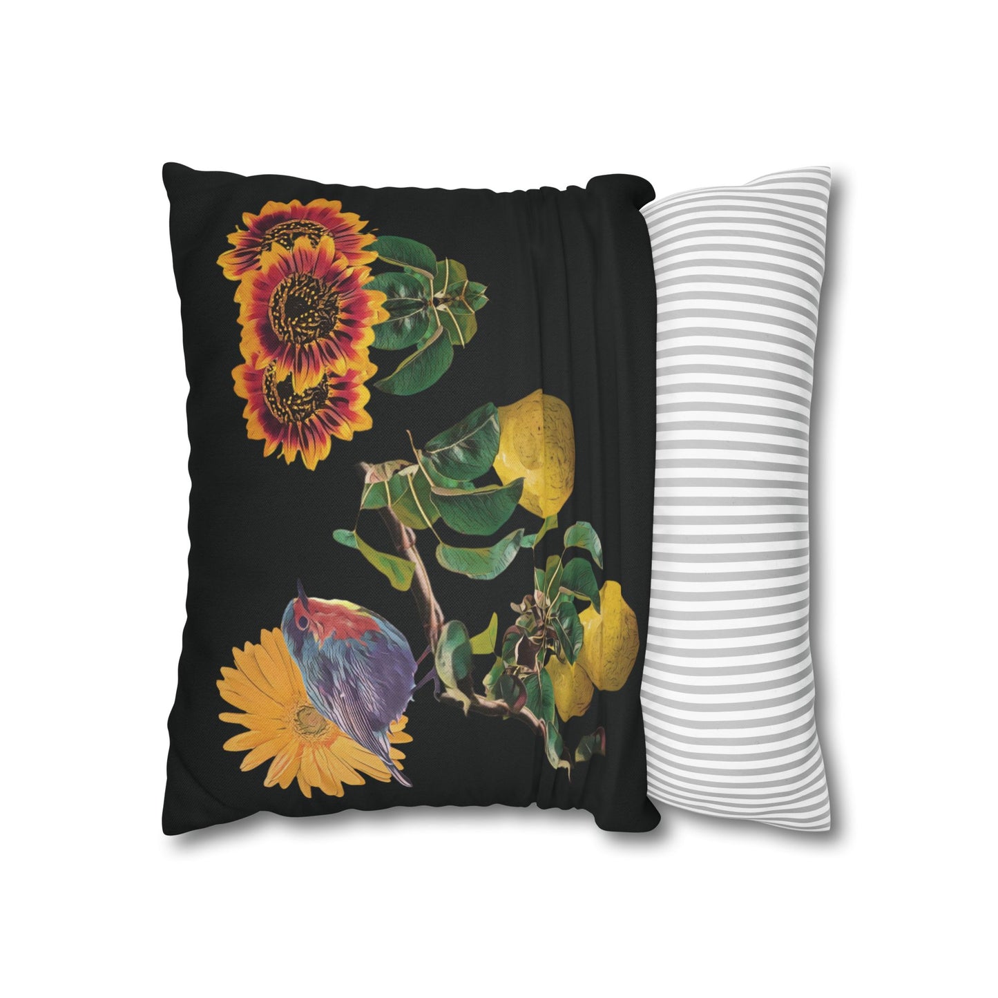 black-no-leaves-pillowcase-robin-and-pears-tree-and-sunflower-design - front view