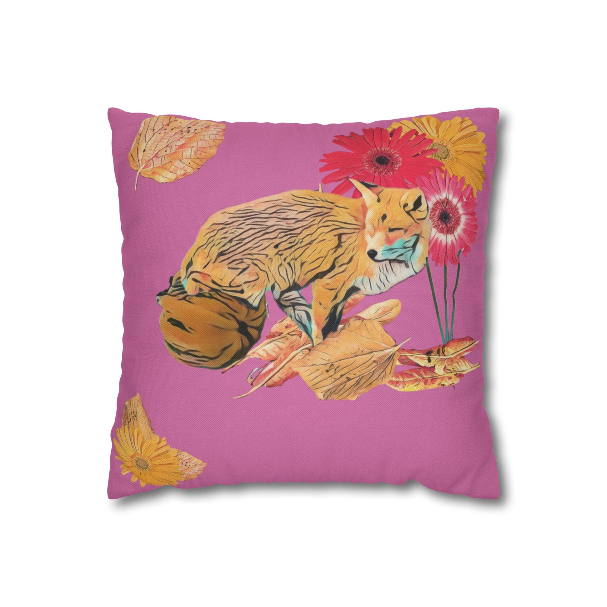 light-pink-pillowcase-cozy-fox-pumpkins-and-chrysanthemum-autumn-leaves-design - front view