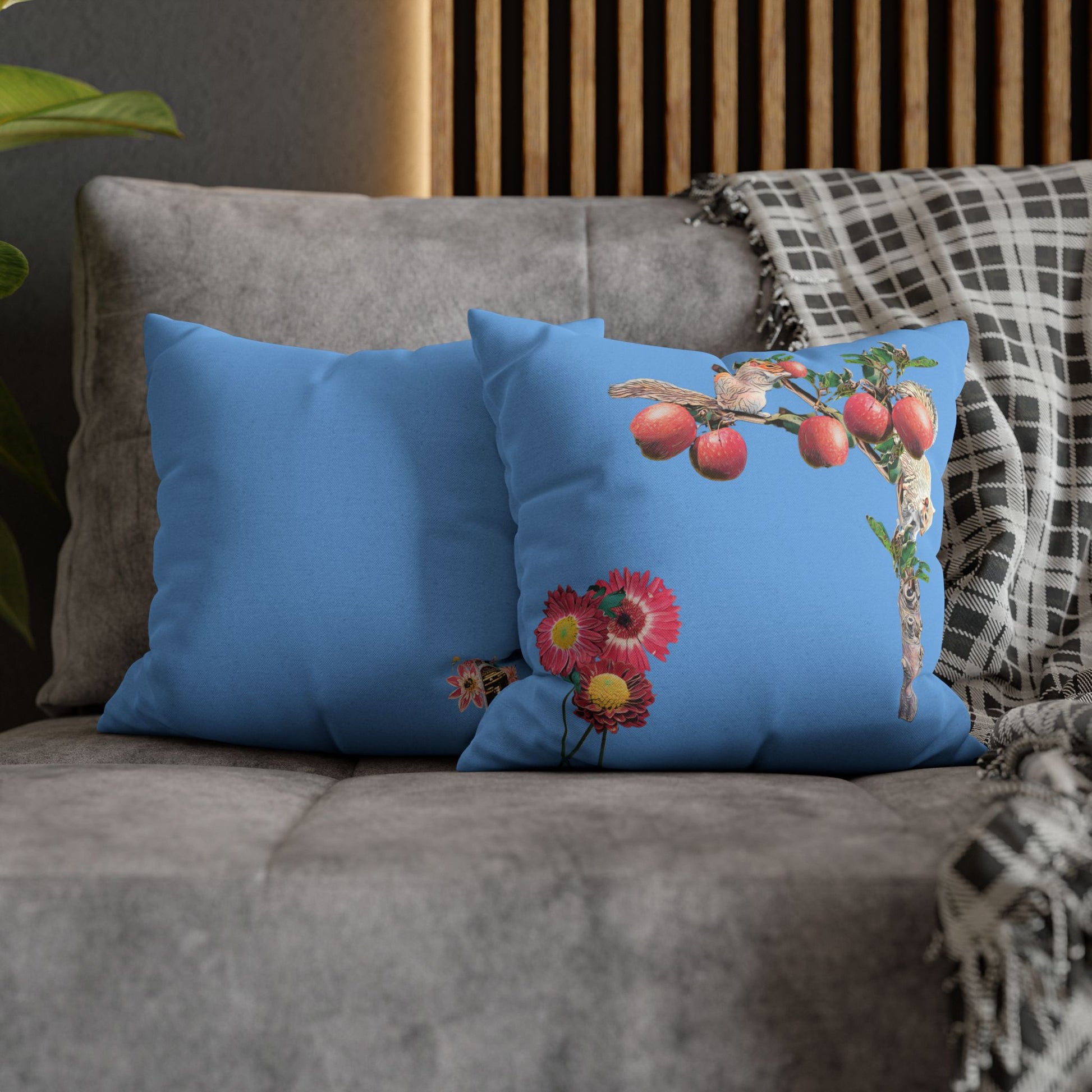 light-blue-pillowcase-squirrels-and-apple-tree-floral-design - front view