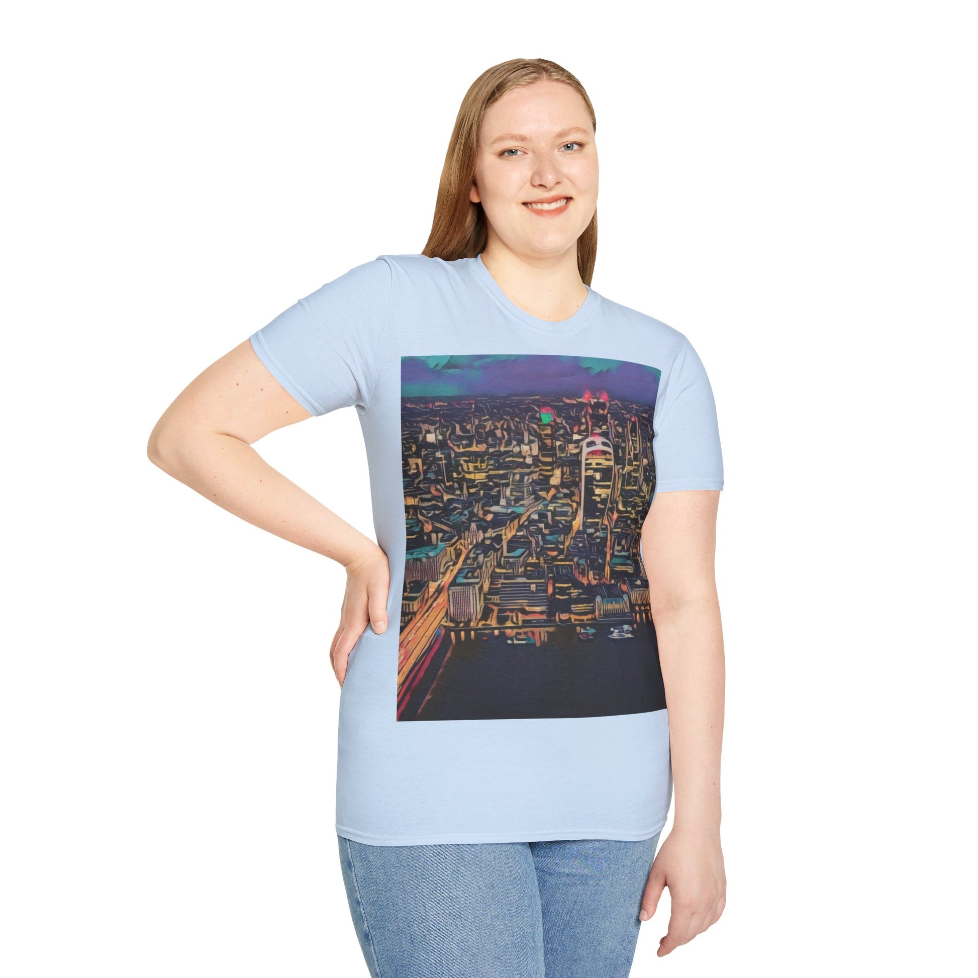 cityscape-art-unisex-softstyle-t-shirt-urban-photography-tee-streetwear-nightlife-fashion-gift-for-travelers-summer-outfit - front view