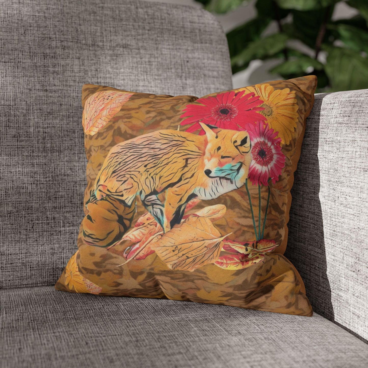 light-brown-pillowcase-cozy-fox-pumpkins-and-chrysanthemum-autumn-leaves-design - front view