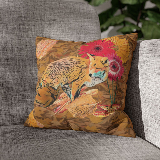light-brown-pillowcase-cozy-fox-pumpkins-and-chrysanthemum-autumn-leaves-design - front view