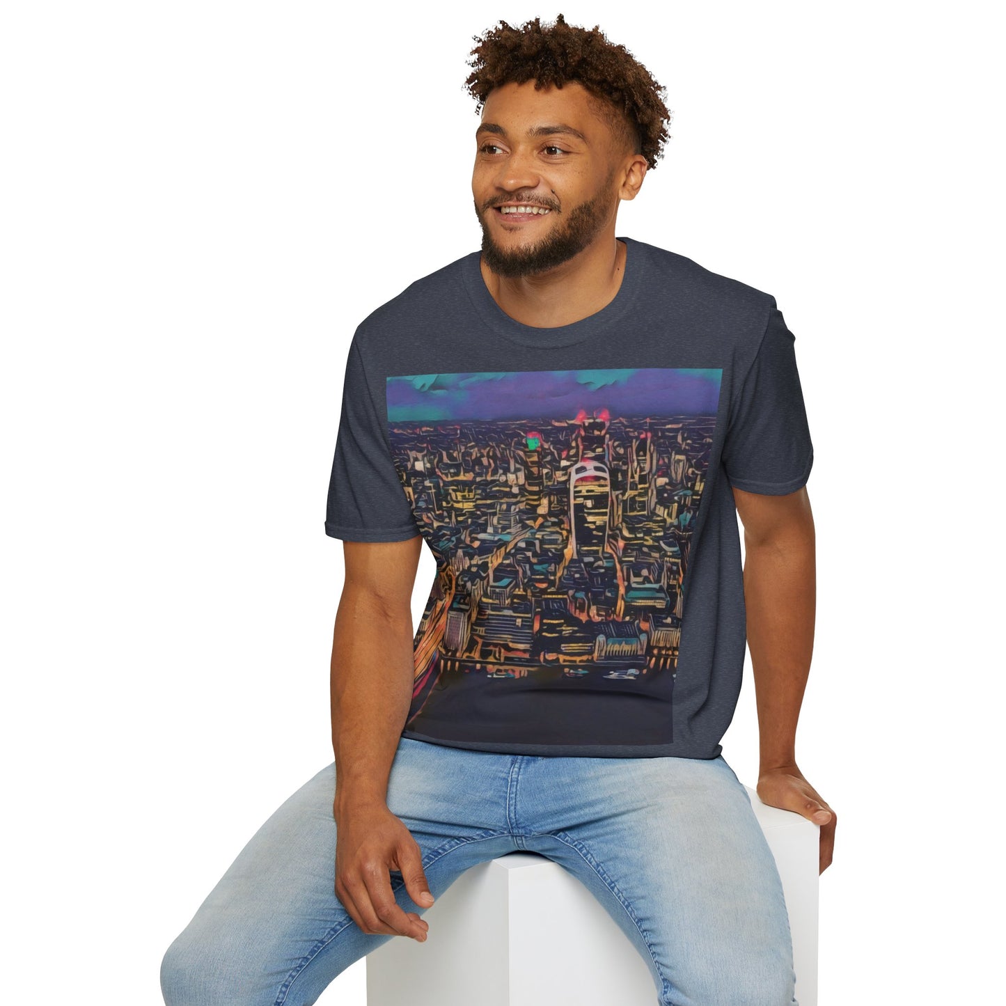cityscape-art-unisex-softstyle-t-shirt-urban-photography-tee-streetwear-nightlife-fashion-gift-for-travelers-summer-outfit - front view