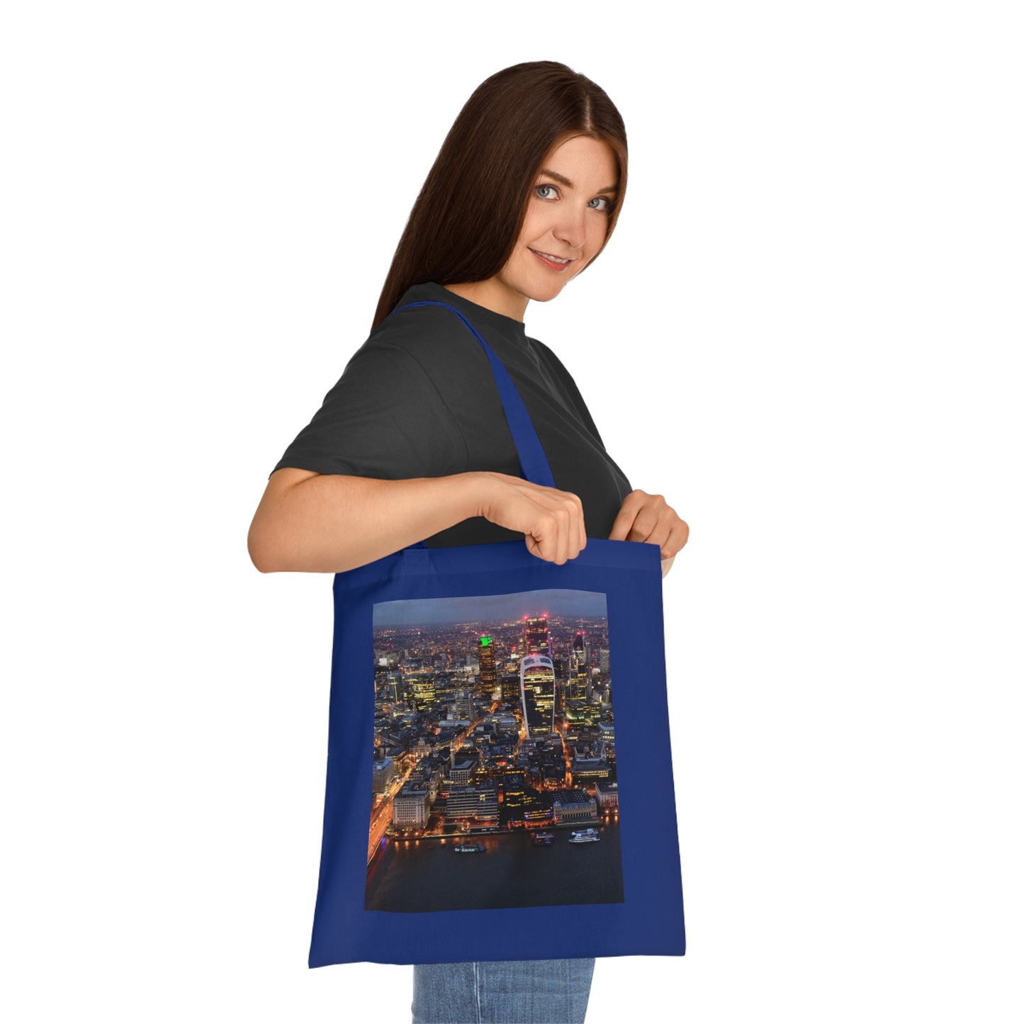 cotton-tote-bag-with-london-skyline-from-the-shard-at-night-shopper-bag-travel-tote-reusable-grocery-bag-cityscape-tote-eco-friendly - front view