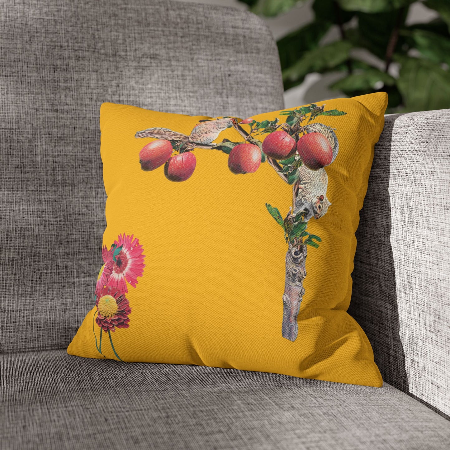 yellow-pillowcase-squirrels-and-apple-tree-floral-design - front view