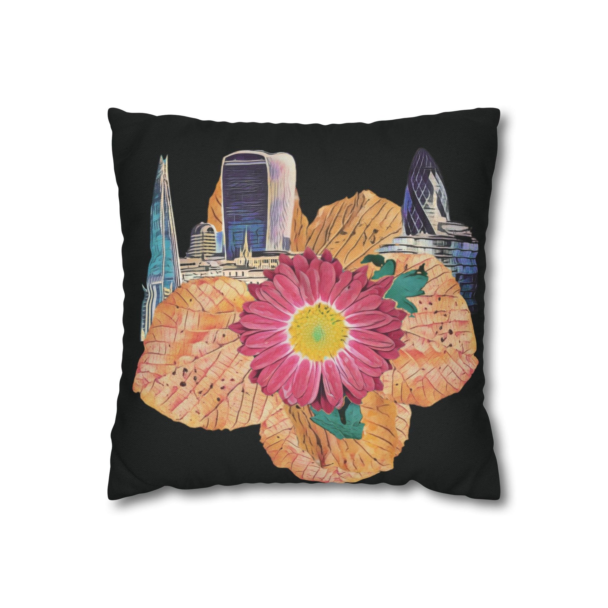 black-pillowcase-london-landmarks-autumn-floral-foliage - front view