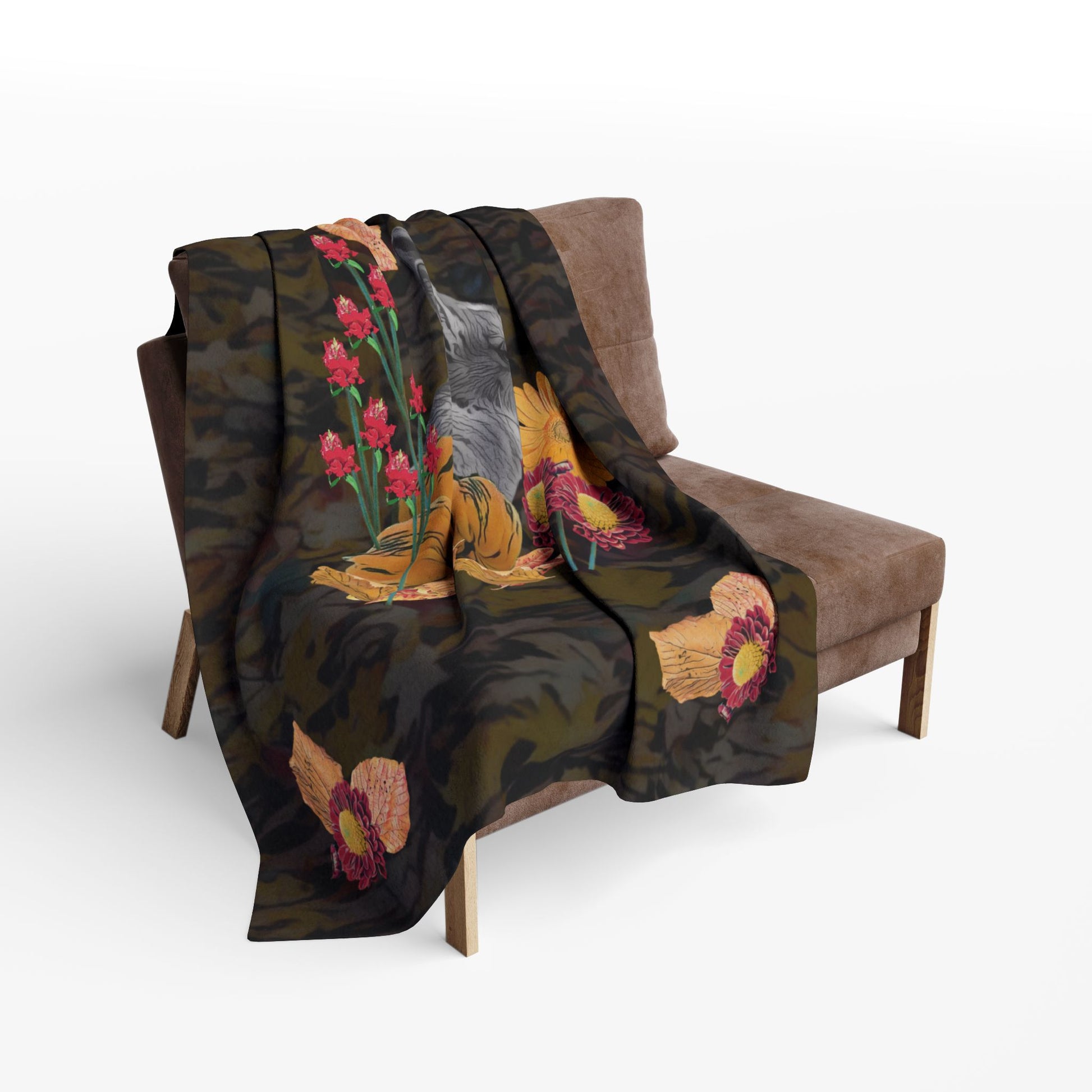 dark-fleece-blanket-fox-pear-pumpkin-rabbit-tomatoes-falling-leaves-design - front view