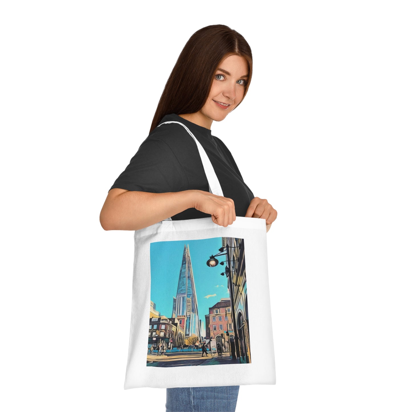 cotton-tote-bag-with-london-shard-at-night-shopper-bag-travel-tote-reusable-grocery-bag-cityscape-tote-eco-friendly - front view