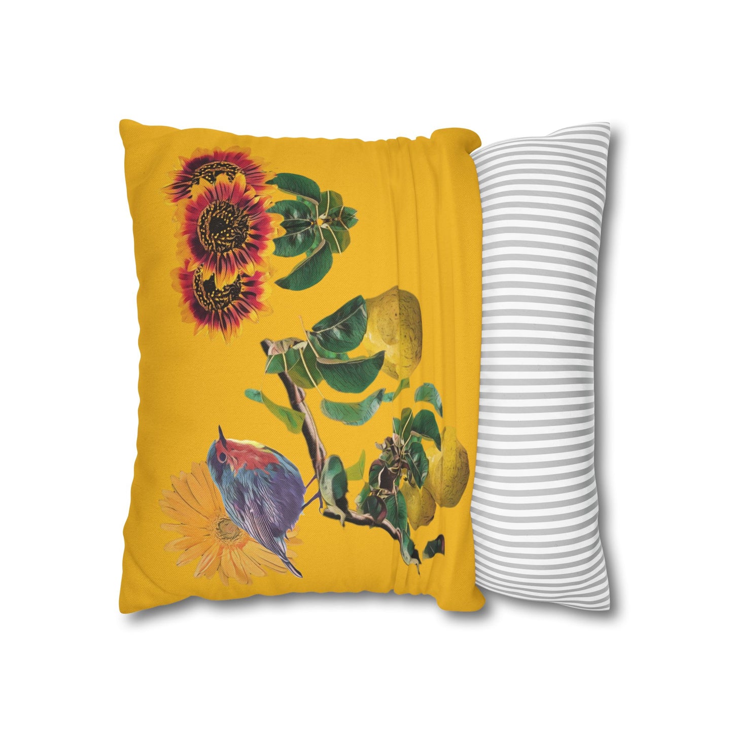 black-pillowcase-robin-and-pears-tree-and-sunflower-design - front view