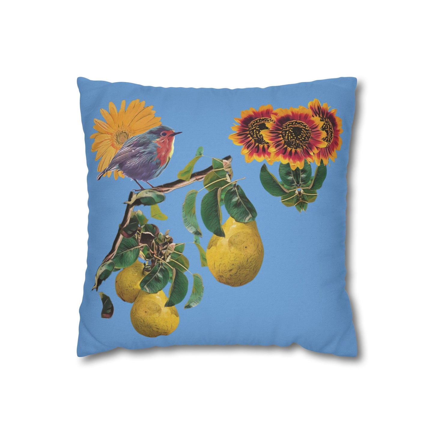 light-blue-pillowcase-robin-and-pears-tree-and-sunflower-design - front view