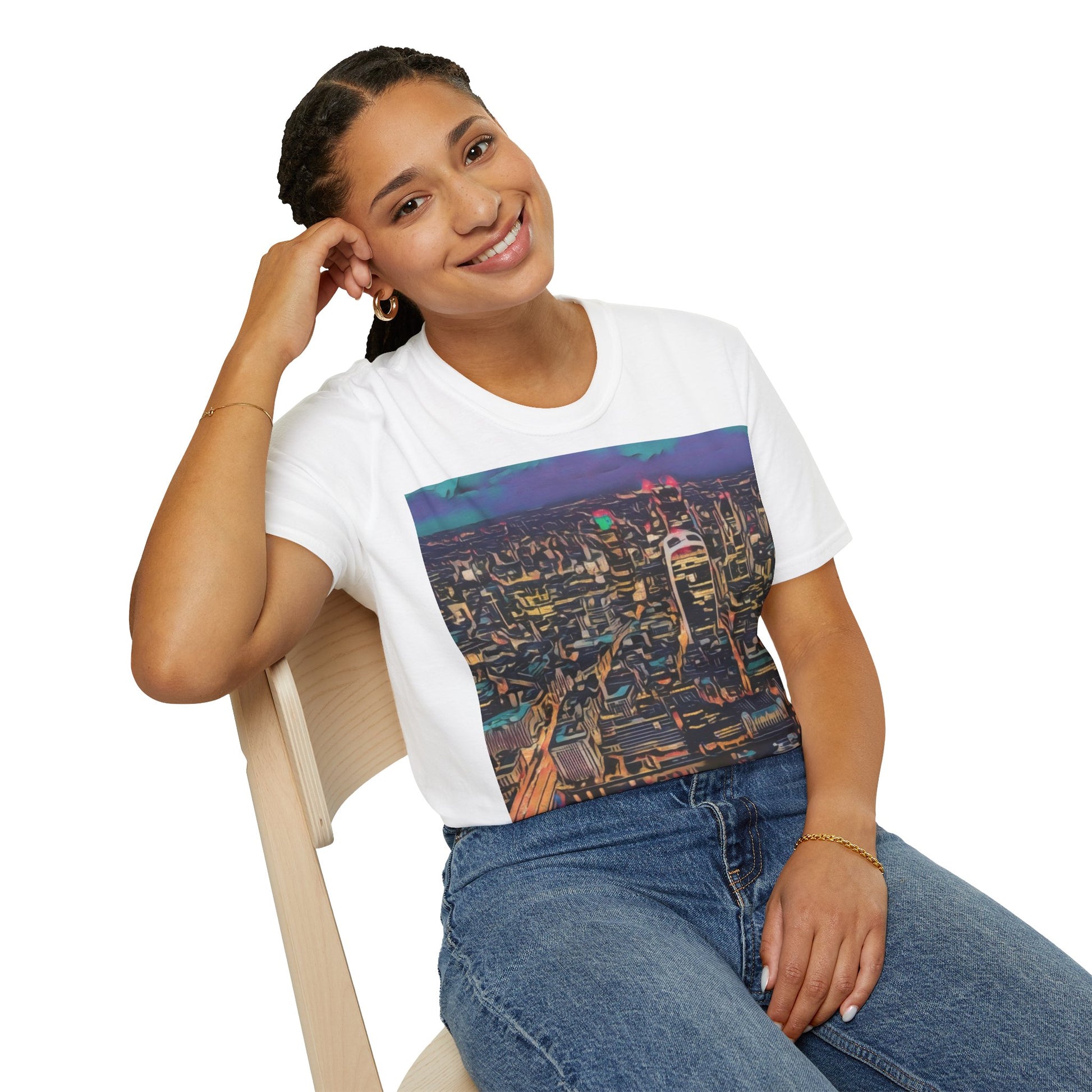 cityscape-art-unisex-softstyle-t-shirt-urban-photography-tee-streetwear-nightlife-fashion-gift-for-travelers-summer-outfit - front view