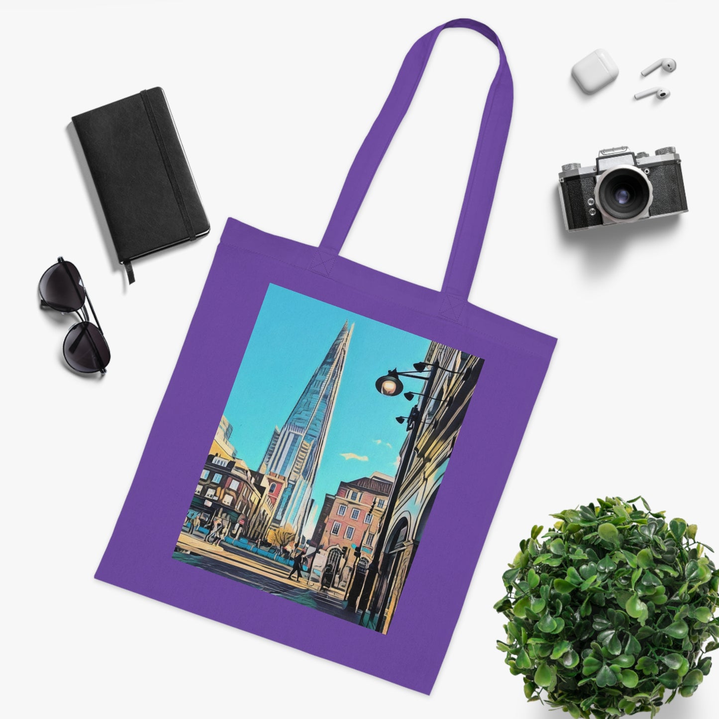 cotton-tote-bag-with-london-shard-at-night-shopper-bag-travel-tote-reusable-grocery-bag-cityscape-tote-eco-friendly - front view