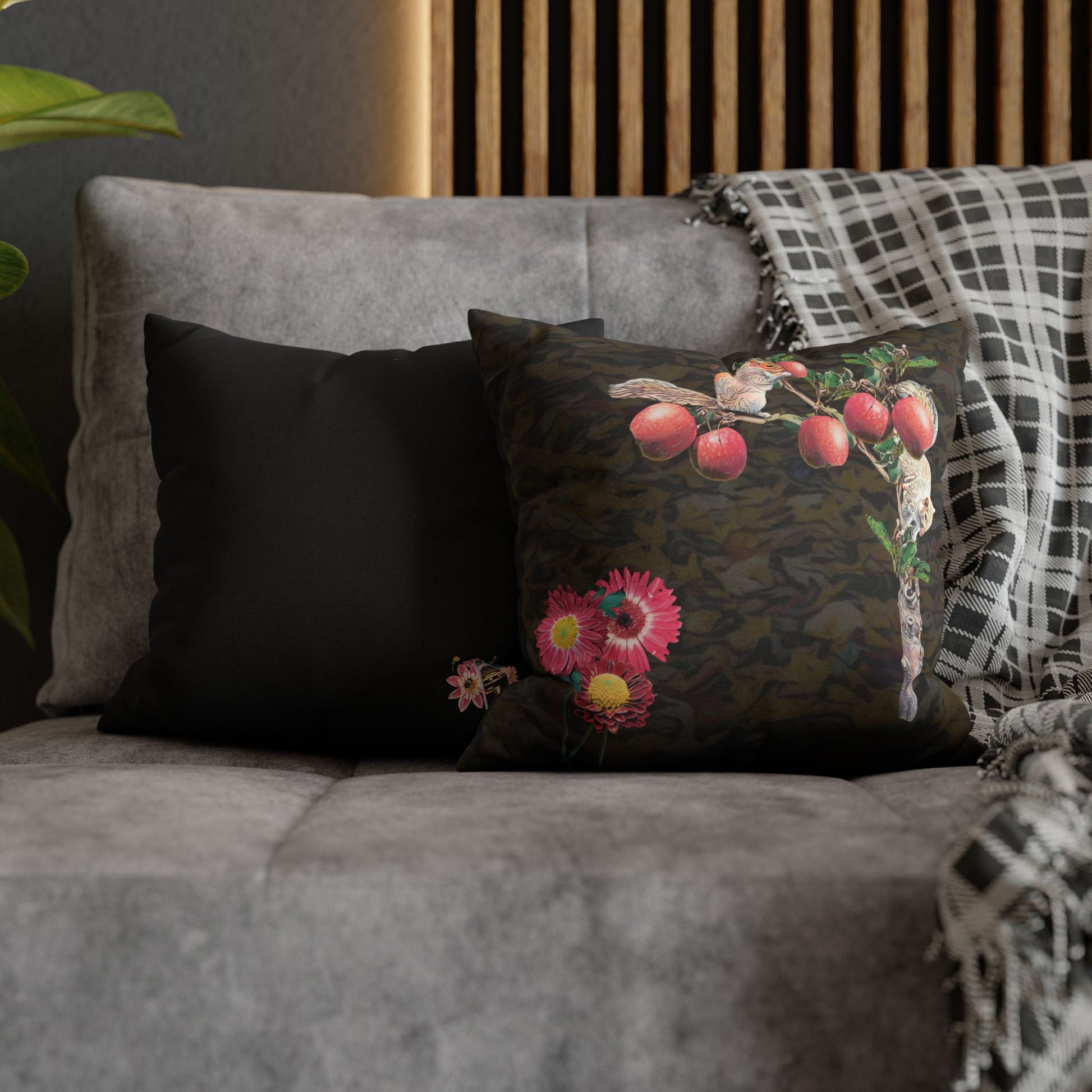 black-pillowcase-squirrels-and-apple-tree-floral-design - front view
