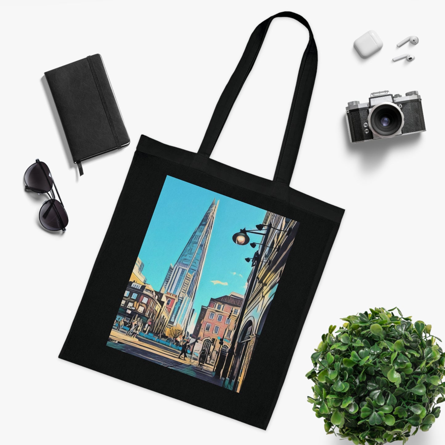 cotton-tote-bag-with-london-shard-at-night-shopper-bag-travel-tote-reusable-grocery-bag-cityscape-tote-eco-friendly - front view