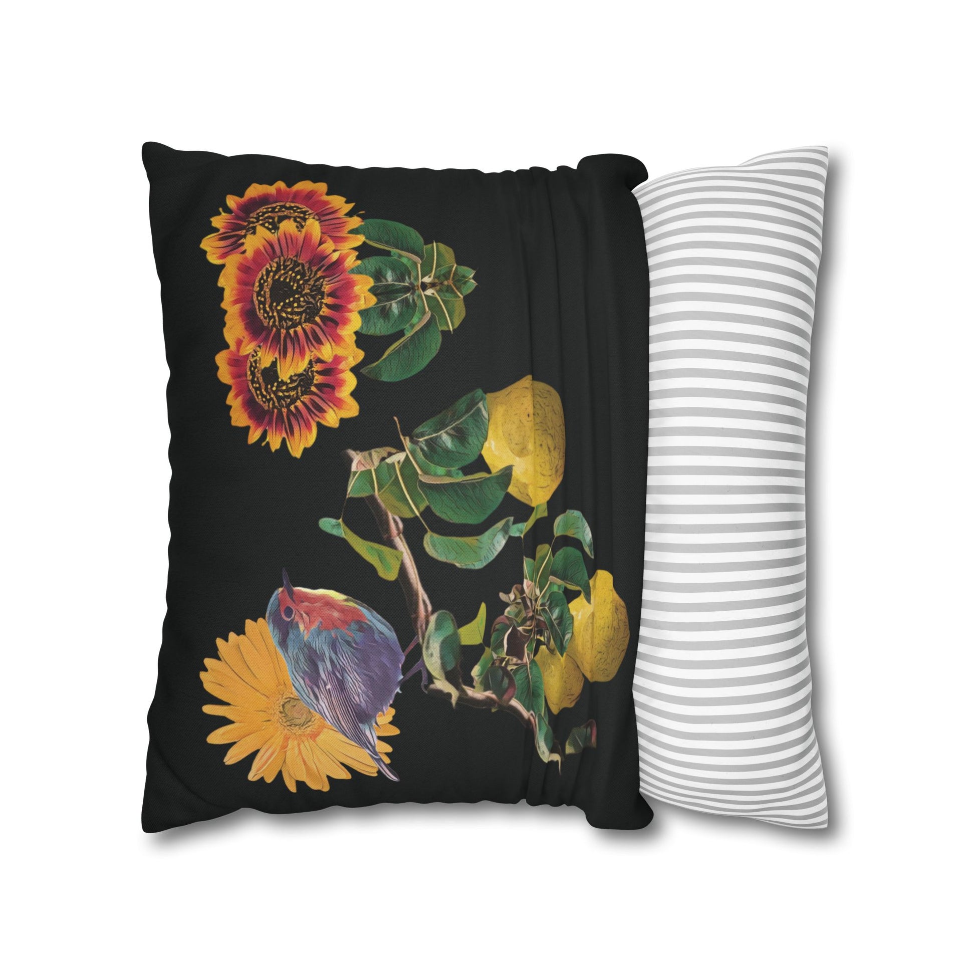black-no-leaves-pillowcase-robin-and-pears-tree-and-sunflower-design - front view