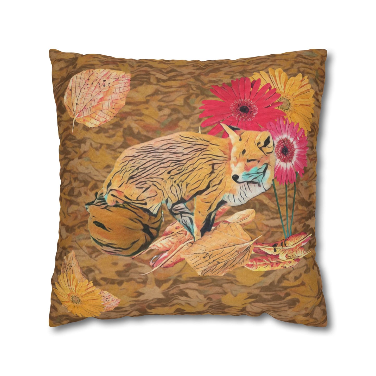 light-brown-pillowcase-cozy-fox-pumpkins-and-chrysanthemum-autumn-leaves-design - front view
