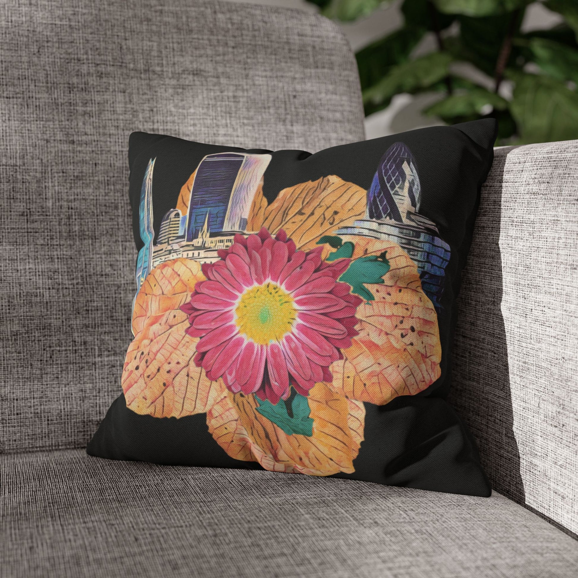 black-pillowcase-london-landmarks-autumn-floral-foliage - front view