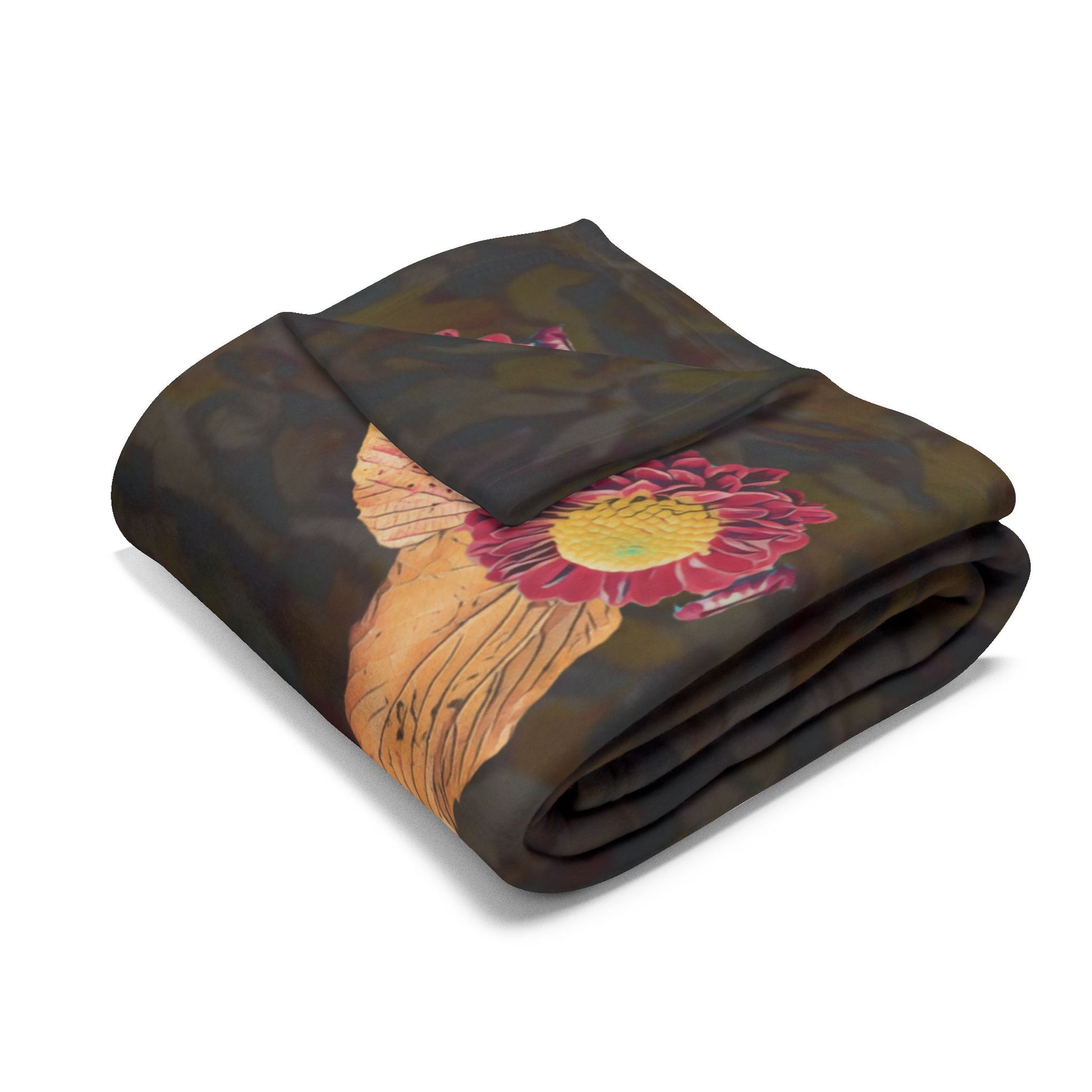 dark-fleece-blanket-fox-pear-pumpkin-rabbit-tomatoes-falling-leaves-design - front view