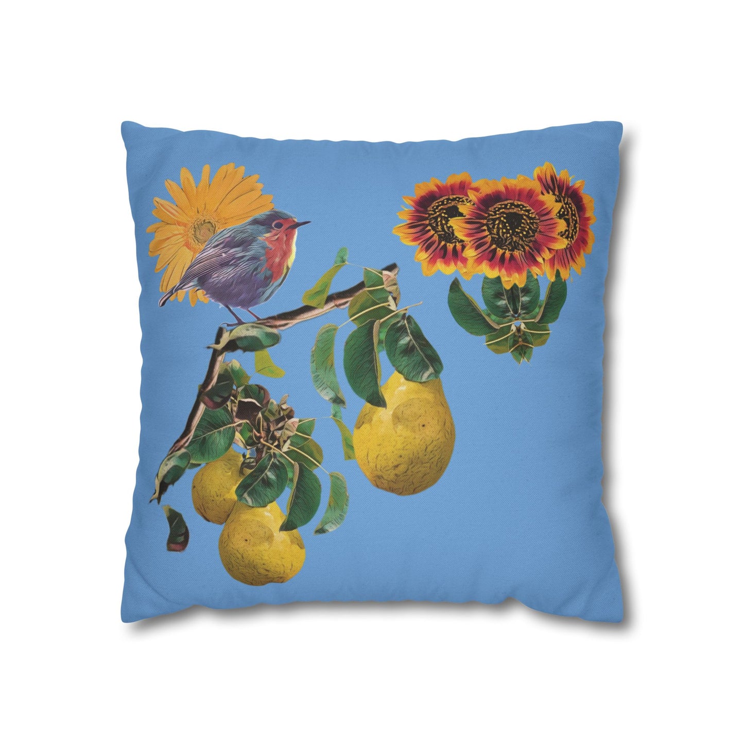 light-blue-pillowcase-robin-and-pears-tree-and-sunflower-design - front view