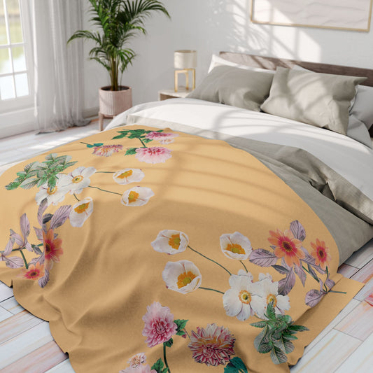 Fleece Blanket with Arctic Flowers - Pink and Orange Dahlias