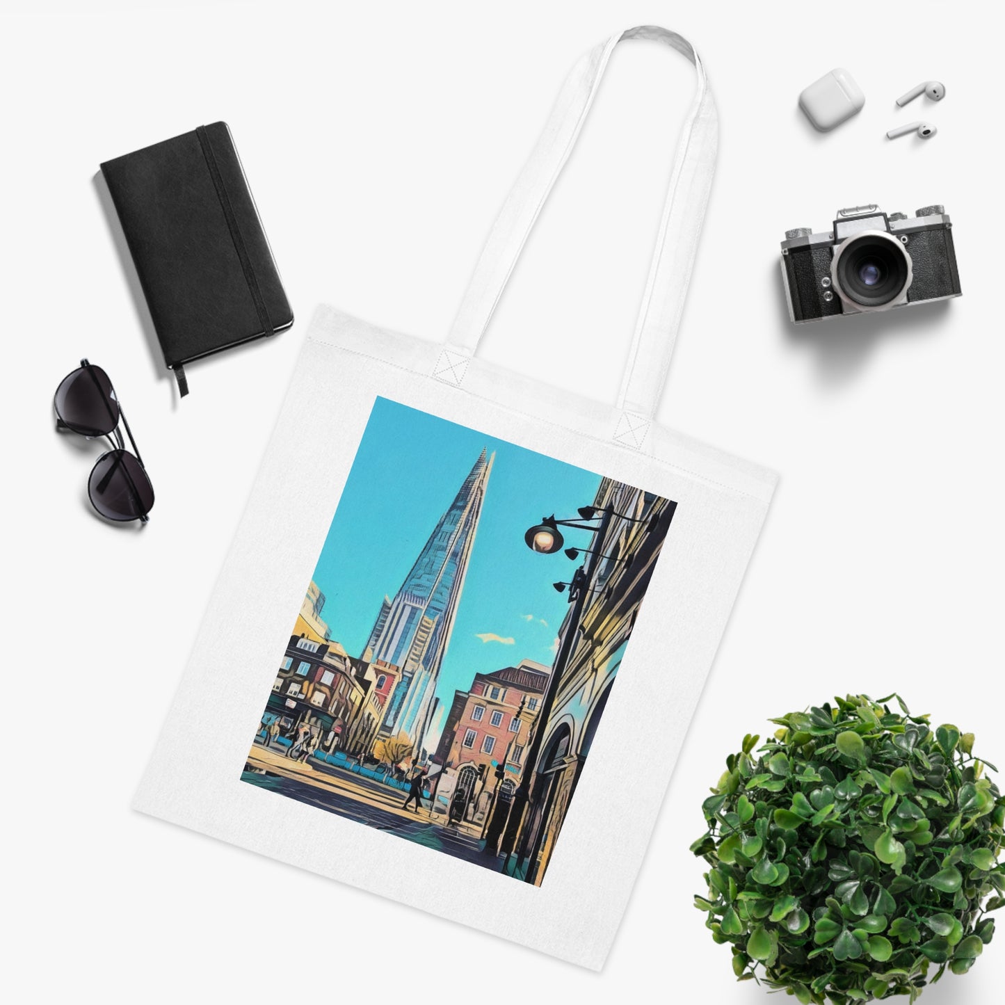 cotton-tote-bag-with-london-shard-at-night-shopper-bag-travel-tote-reusable-grocery-bag-cityscape-tote-eco-friendly - front view