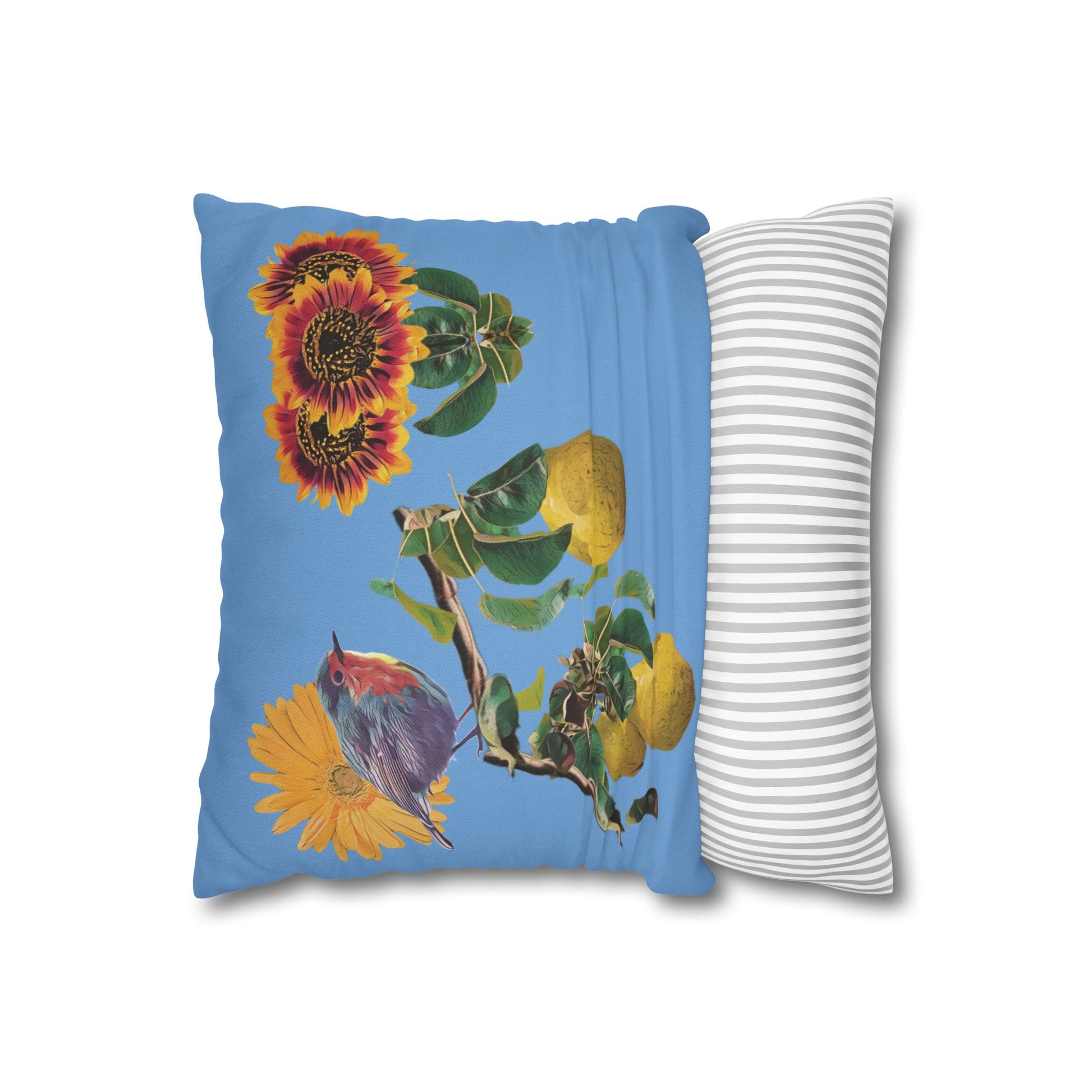 light-blue-pillowcase-robin-and-pears-tree-and-sunflower-design - front view