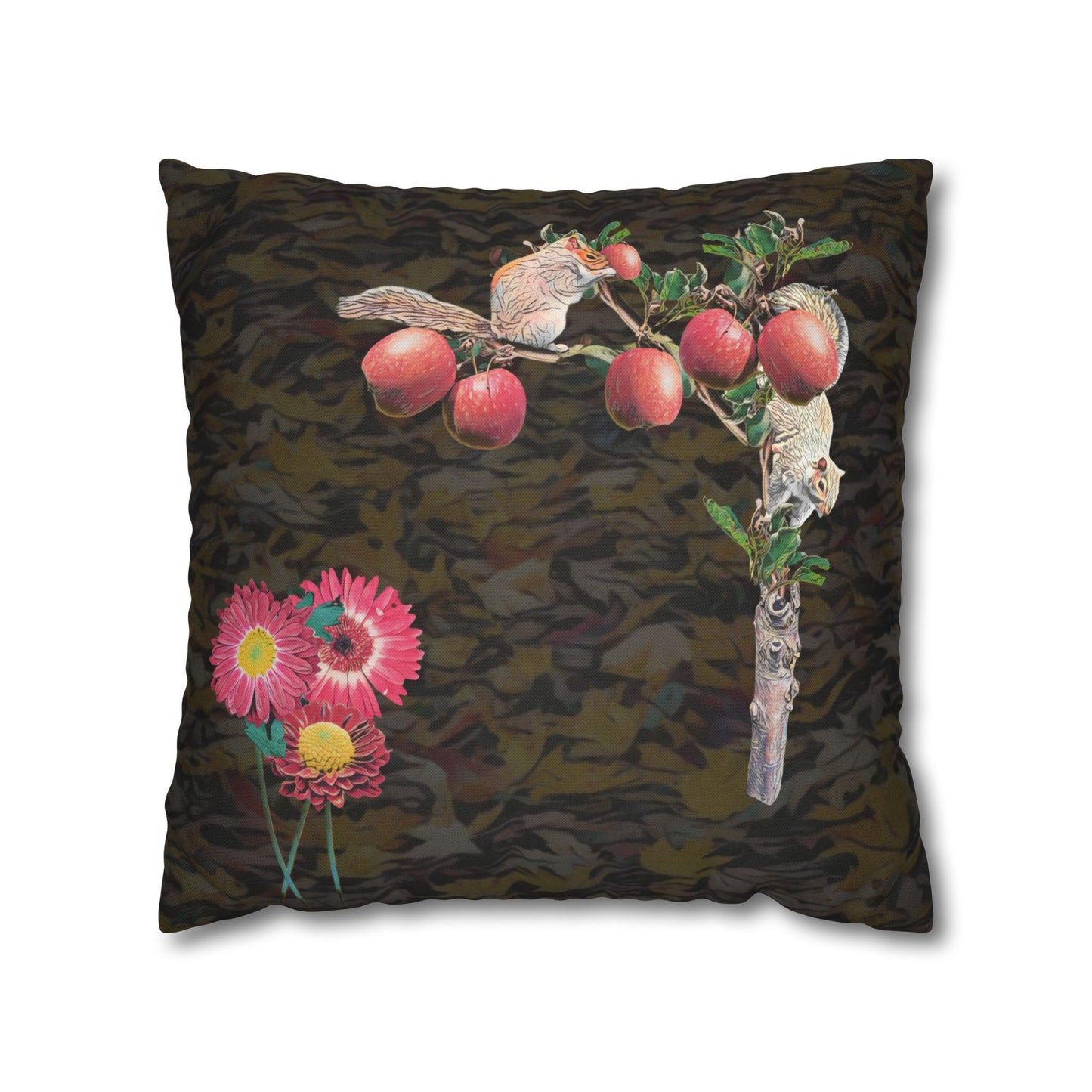 black-pillowcase-squirrels-and-apple-tree-floral-design - front view