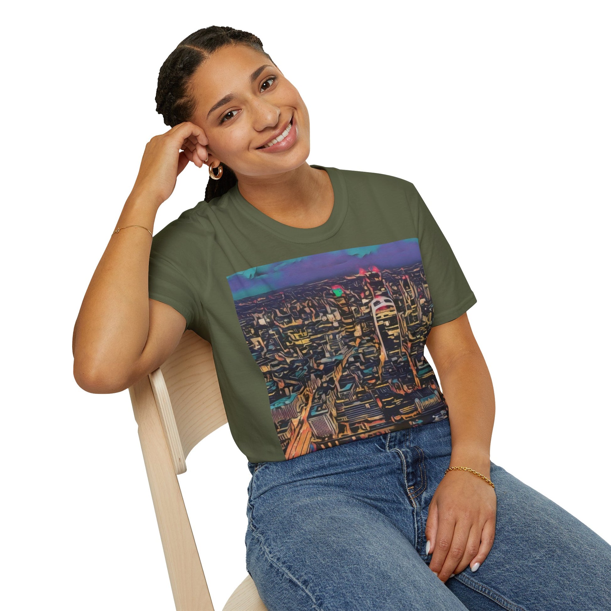 cityscape-art-unisex-softstyle-t-shirt-urban-photography-tee-streetwear-nightlife-fashion-gift-for-travelers-summer-outfit - front view