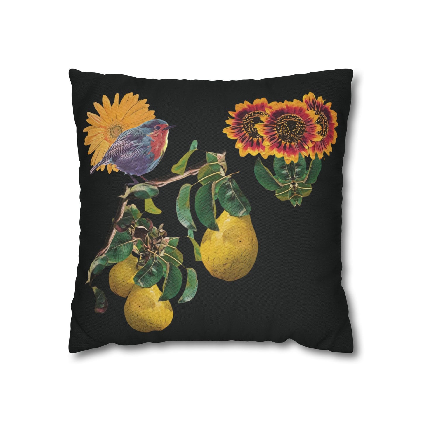 black-no-leaves-pillowcase-robin-and-pears-tree-and-sunflower-design - front view