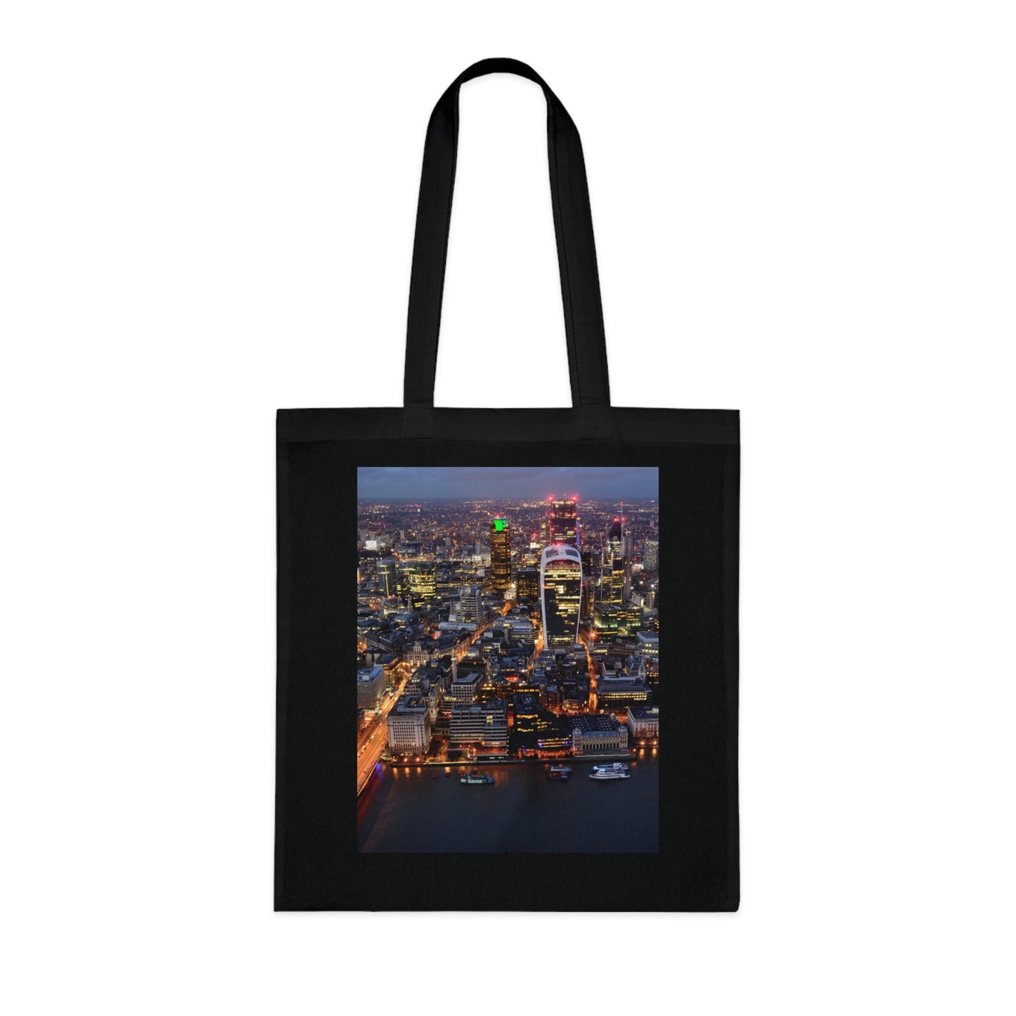 cotton-tote-bag-with-london-skyline-from-the-shard-at-night-shopper-bag-travel-tote-reusable-grocery-bag-cityscape-tote-eco-friendly - front view