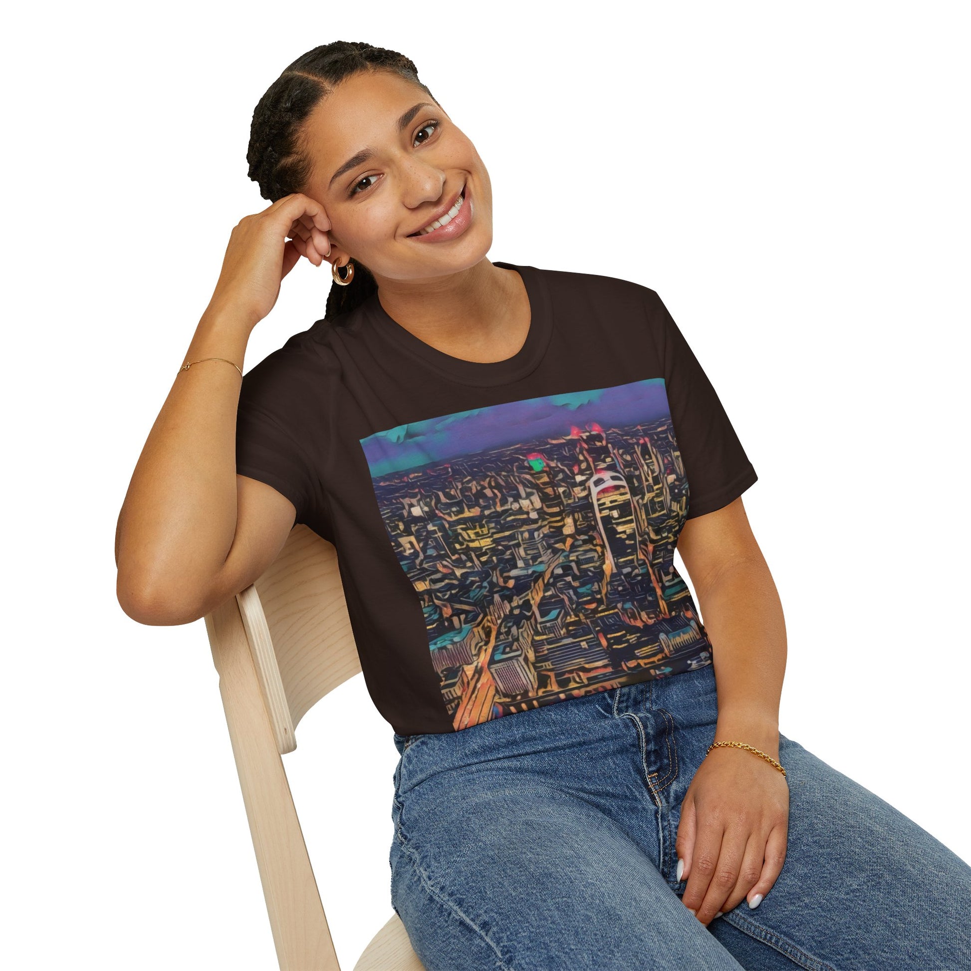 cityscape-art-unisex-softstyle-t-shirt-urban-photography-tee-streetwear-nightlife-fashion-gift-for-travelers-summer-outfit - front view