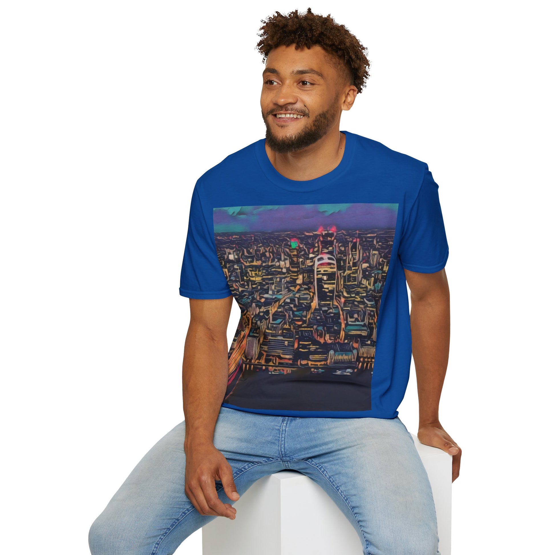 cityscape-art-unisex-softstyle-t-shirt-urban-photography-tee-streetwear-nightlife-fashion-gift-for-travelers-summer-outfit - front view