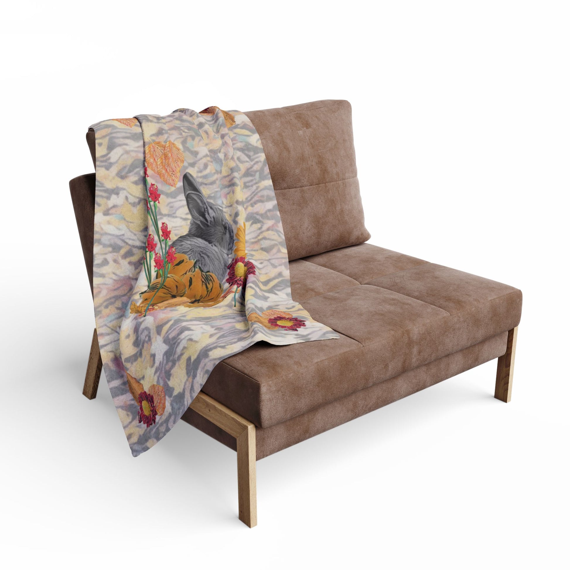 fleece-blanket-fox-pear-pumpkin-rabbit-tomatoes-falling-leaves-design - front view