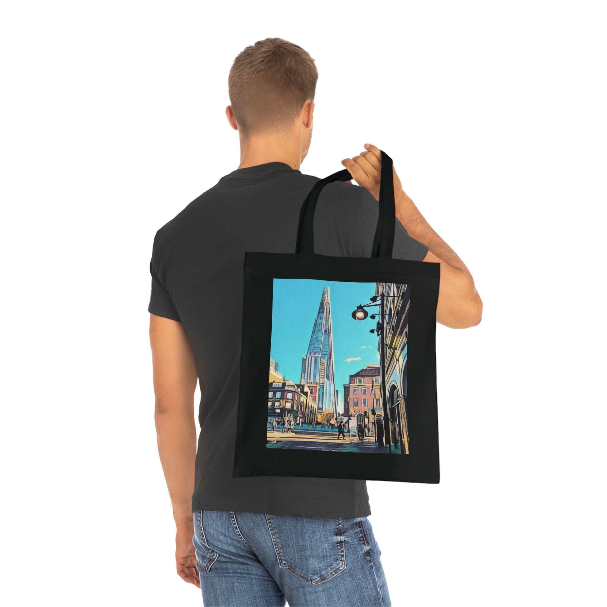 cotton-tote-bag-with-london-shard-at-night-shopper-bag-travel-tote-reusable-grocery-bag-cityscape-tote-eco-friendly - front view