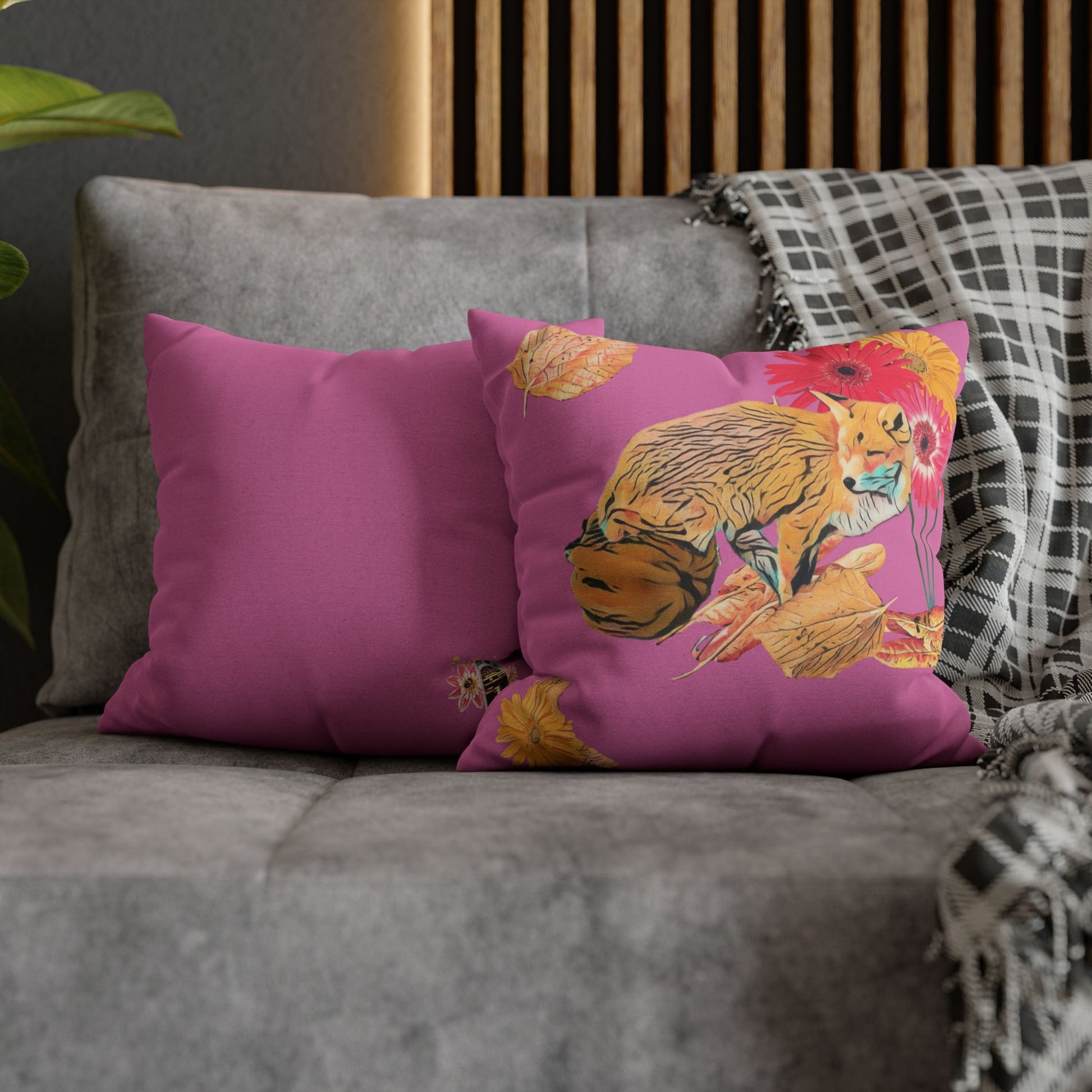 light-pink-pillowcase-cozy-fox-pumpkins-and-chrysanthemum-autumn-leaves-design - front view