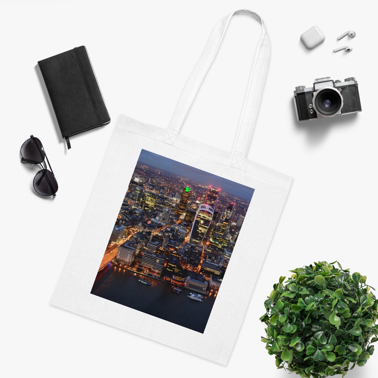 cotton-tote-bag-with-london-skyline-from-the-shard-at-night-shopper-bag-travel-tote-reusable-grocery-bag-cityscape-tote-eco-friendly - front view