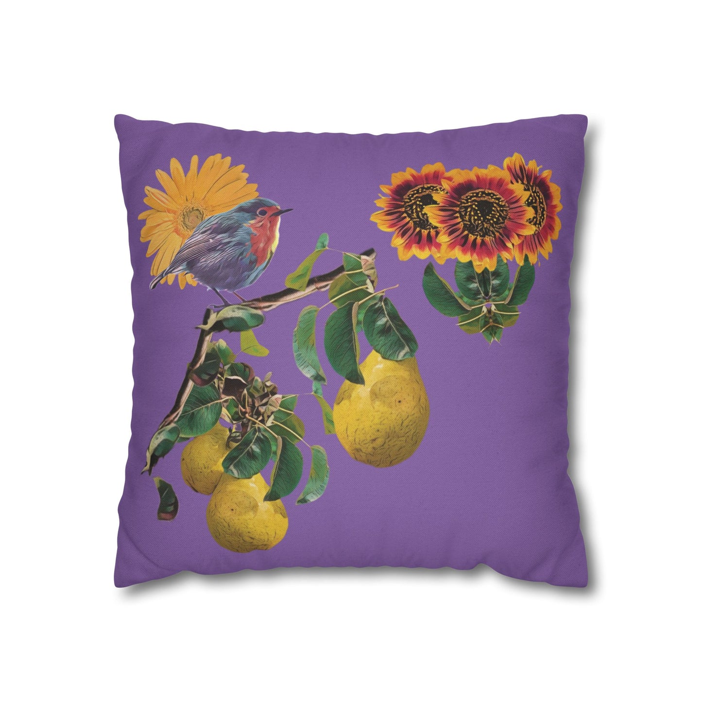 lavander-pillowcase-robin-and-pears-tree-and-sunflower-design - front view