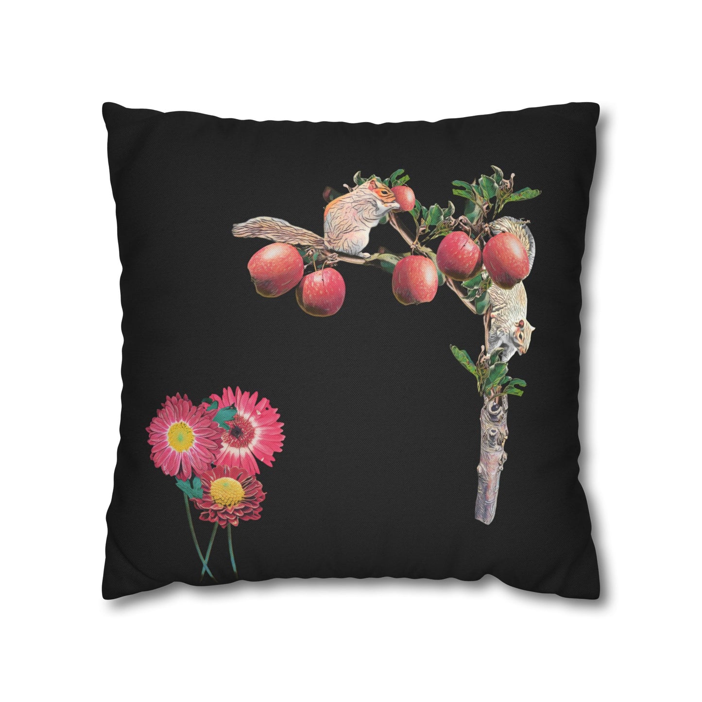 no-leaves-black-pillowcase-squirrels-and-apple-tree-floral-design - front view