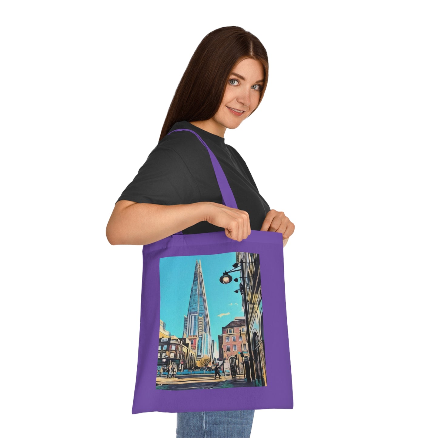 cotton-tote-bag-with-london-shard-at-night-shopper-bag-travel-tote-reusable-grocery-bag-cityscape-tote-eco-friendly - front view