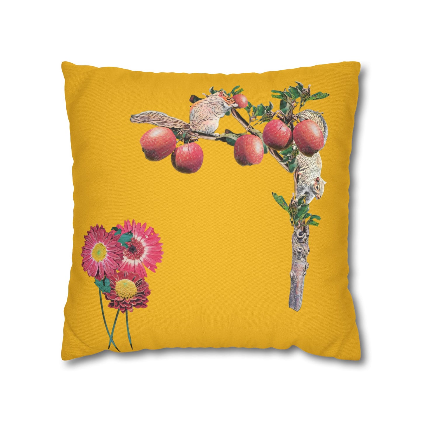 yellow-pillowcase-squirrels-and-apple-tree-floral-design - front view