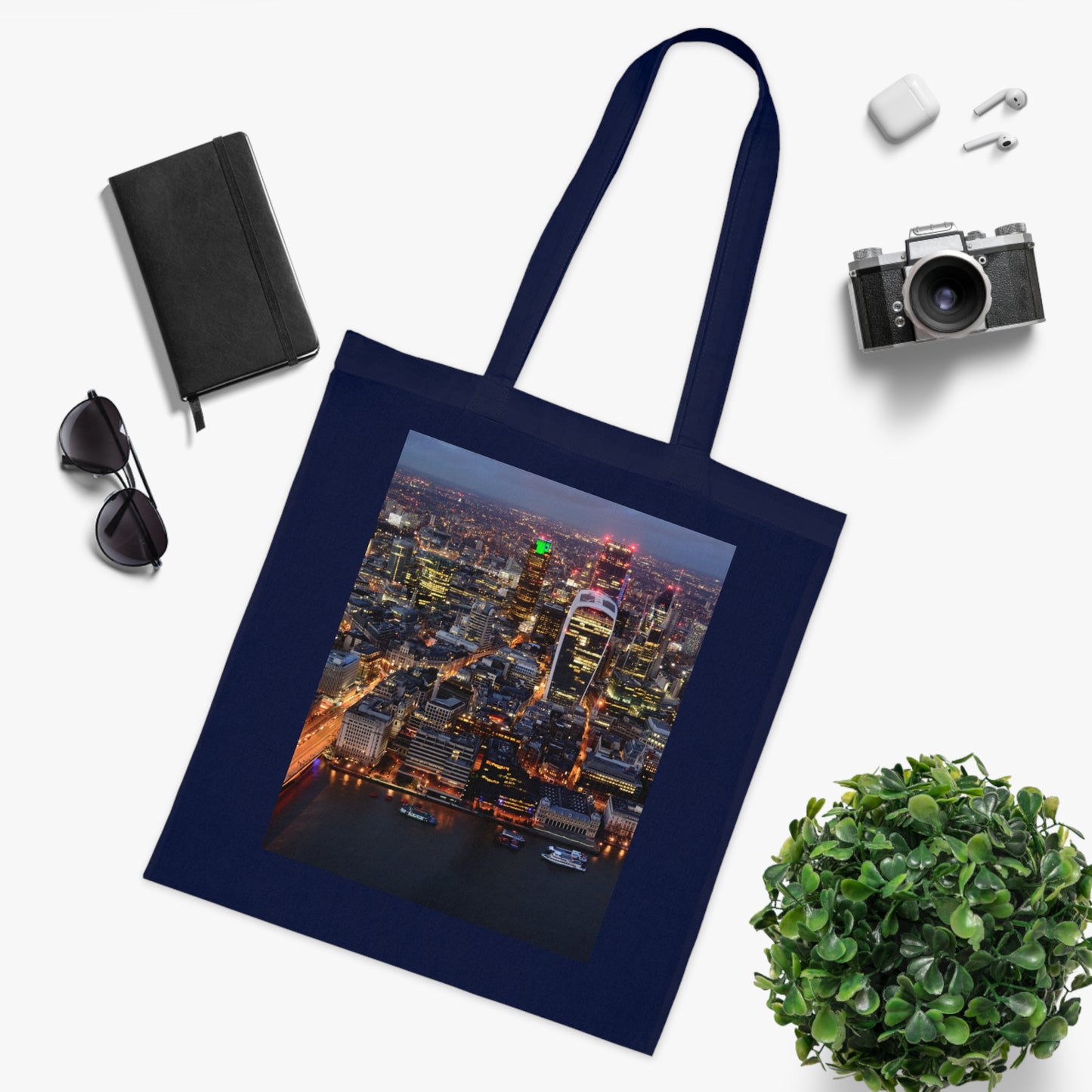 cotton-tote-bag-with-london-skyline-from-the-shard-at-night-shopper-bag-travel-tote-reusable-grocery-bag-cityscape-tote-eco-friendly - front view