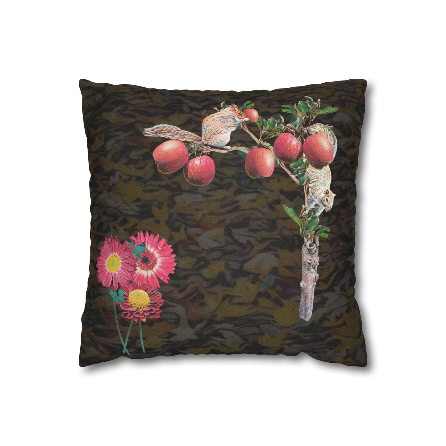 black-pillowcase-squirrels-and-apple-tree-floral-design - front view