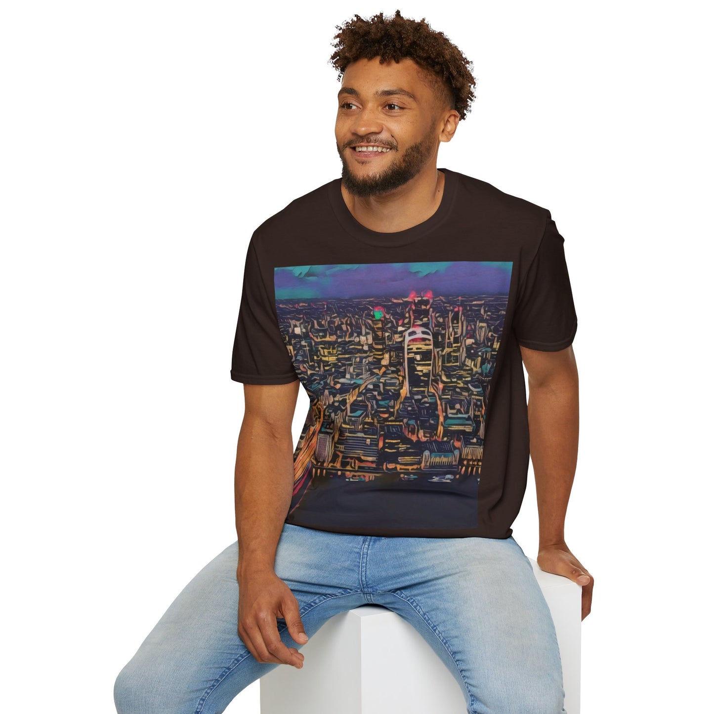 cityscape-art-unisex-softstyle-t-shirt-urban-photography-tee-streetwear-nightlife-fashion-gift-for-travelers-summer-outfit - front view