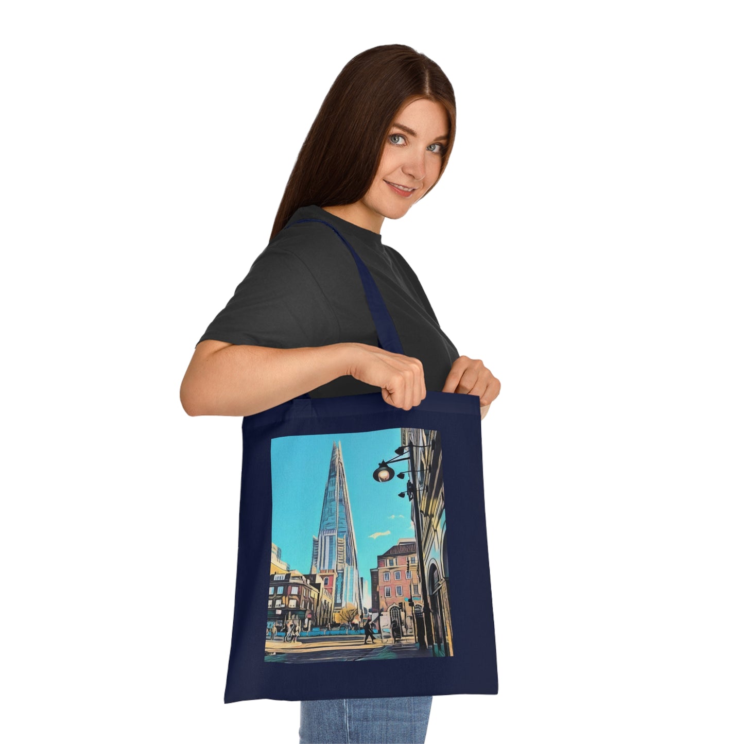 cotton-tote-bag-with-london-shard-at-night-shopper-bag-travel-tote-reusable-grocery-bag-cityscape-tote-eco-friendly - front view