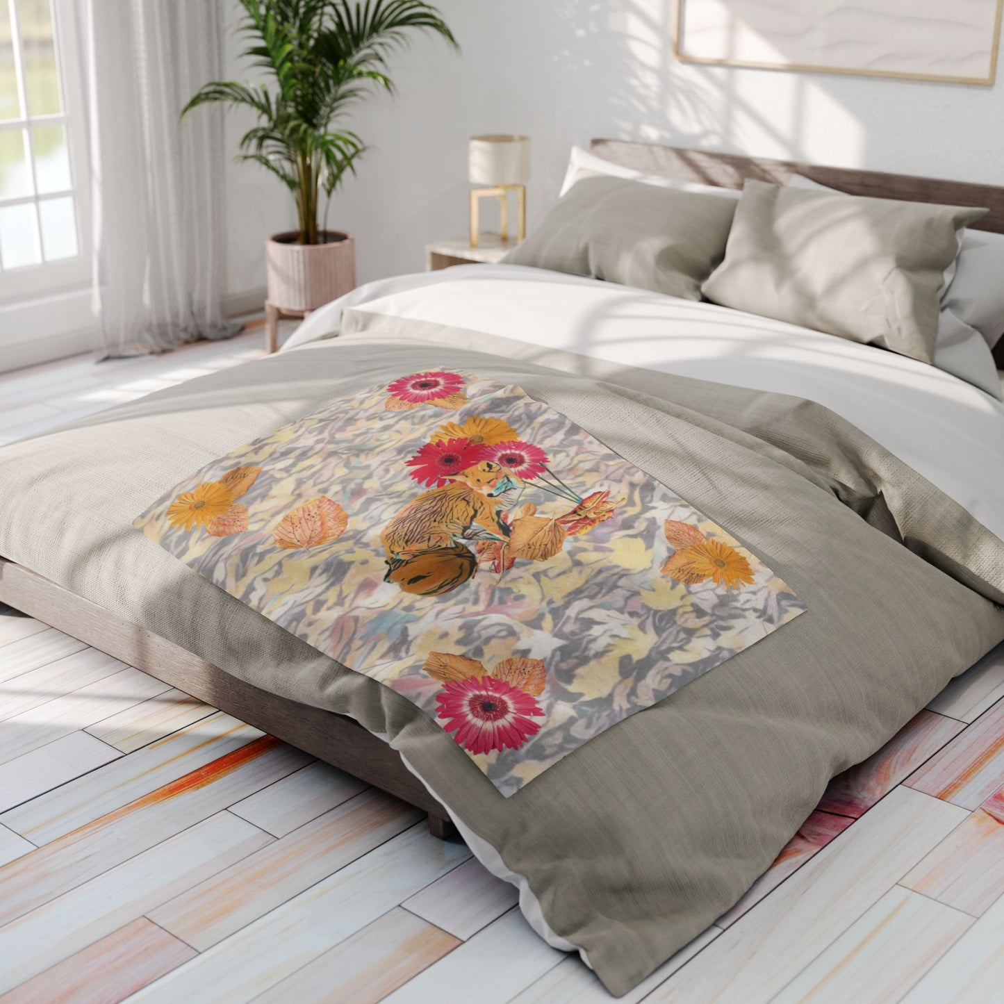 fleece-blanket-autumnal-fox-pumpkins-and-chrysanthemum-design - front view