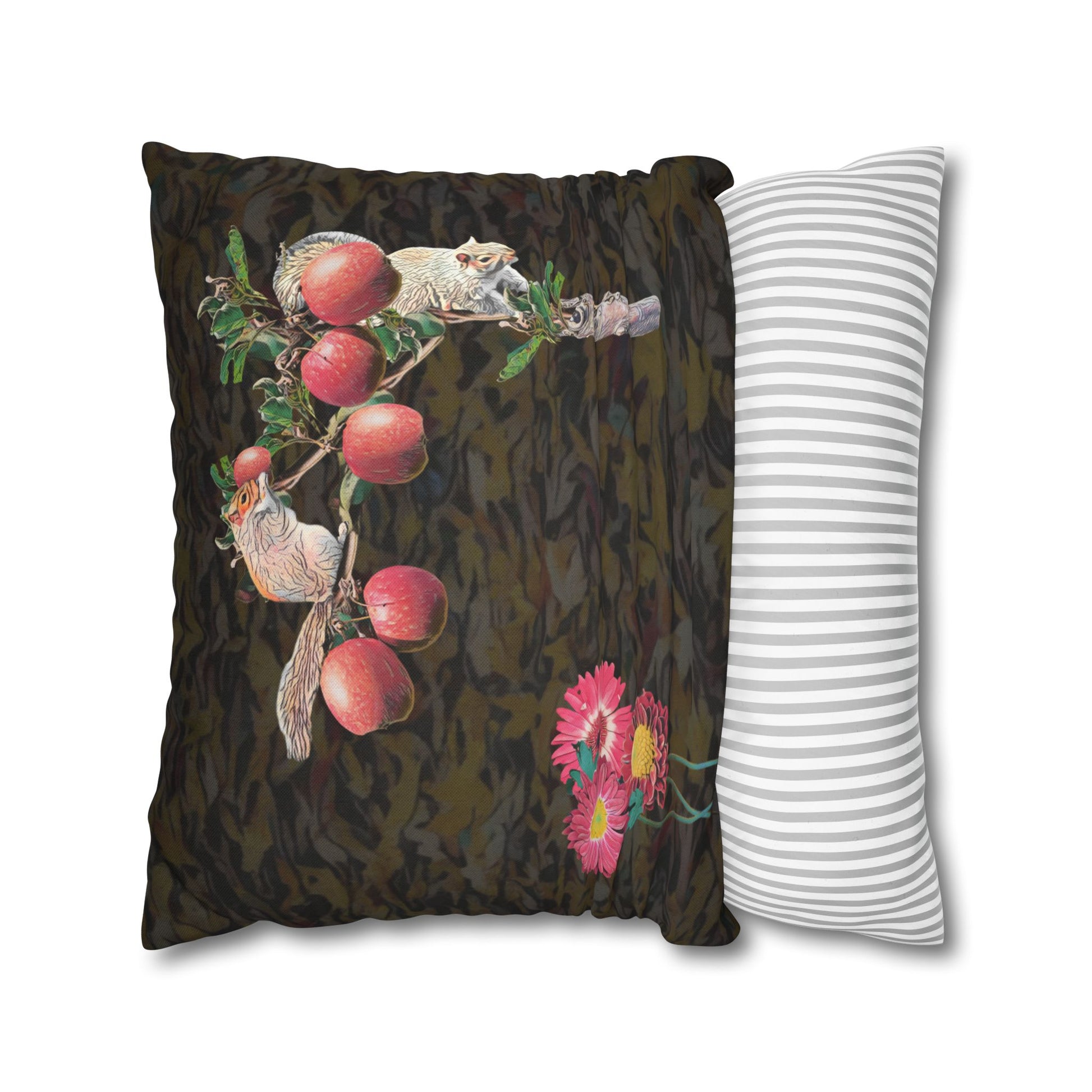 black-pillowcase-squirrels-and-apple-tree-floral-design - front view