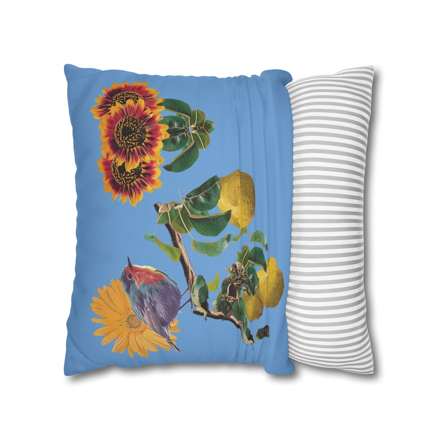 light-blue-pillowcase-robin-and-pears-tree-and-sunflower-design - front view