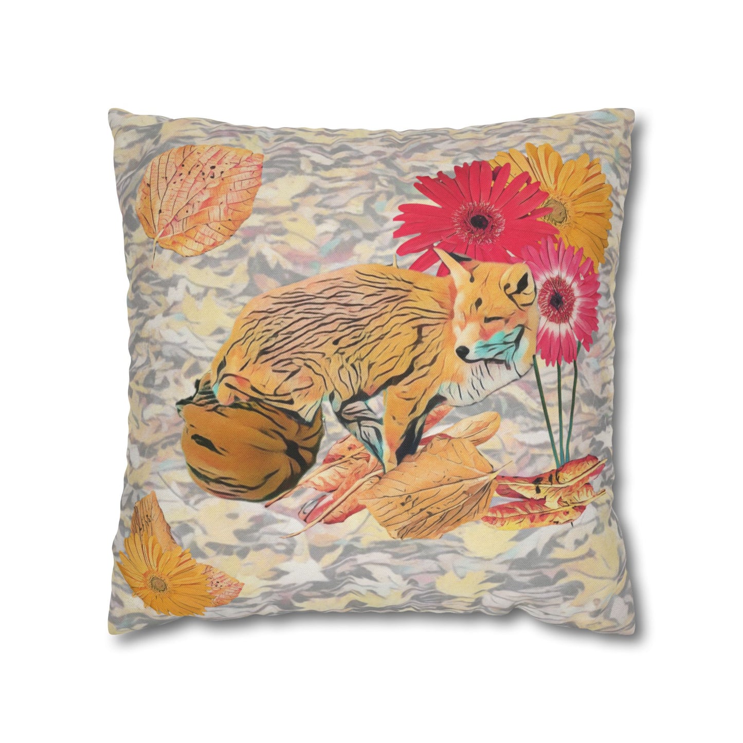white-pillowcase-cozy-fox-pumpkins-and-chrysanthemum-autumn-leaves-design - front view